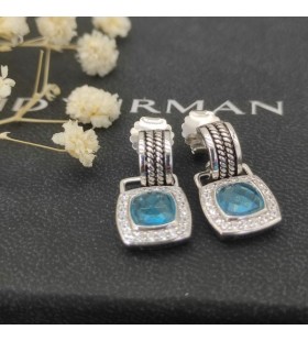 David Yurman 7mm Carré Diamant Bouton Fil des Boucles d'oreilles Diamant Bleu