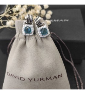 David Yurman 7mm Carré Diamant Bouton Fil des Boucles d'oreilles Diamant Bleu