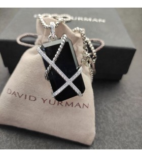 David Yurman Femmes Câble Envelopper Amulette en Argent Sterling Noir Onyx et Diamants de 32mm