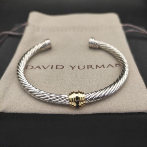 David Yurman Women ' s Classic Cable Station Manschette Armband Sterling Silber mit 18K Gelb Gold und Schwarzen Diamanten, 4 mm