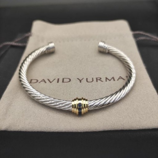 David Yurman Women ' s Classic Cable Station Manschette Armband Sterling Silber mit 18K Gelb Gold und Blauen Diamanten 4mm