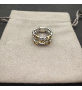 David Yurman Petite Helena Wrap Three Row Ring Sterling Silber mit 18K Gelbgold und Diamanten 12mm